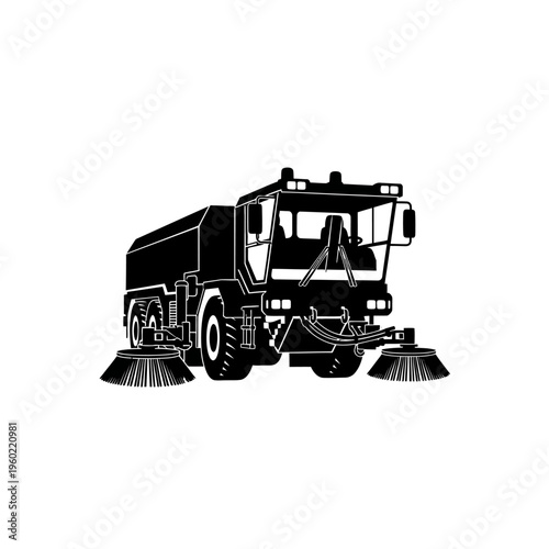 Iconic silhouette of a heavy-duty street sweeper truck with rotating brushes, ideal for urban cleaning and maintenance services