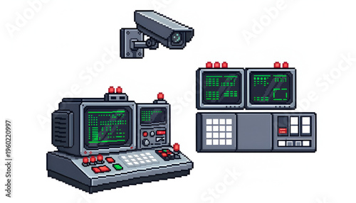 Retro Security Control Room with Monitors and Surveillance Camera Pixel Art