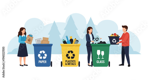 Cartoon Illustration of Diverse People Sorting Recyclable Waste into Color-Coded Bins.