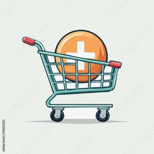 Shopping cart with medical symbol represents healthcare purchasing.