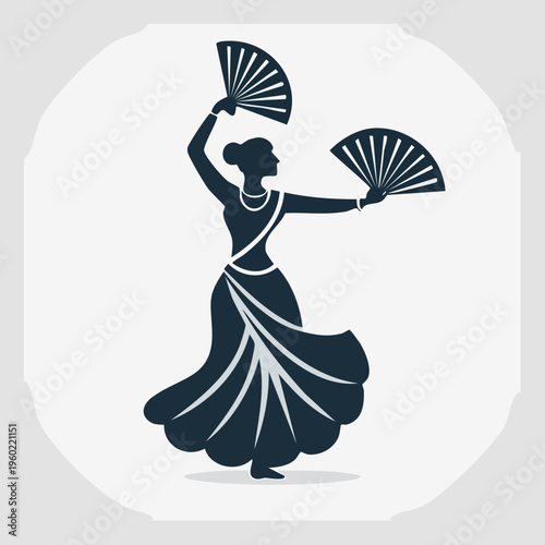 Silhouette of a dancer with fans in a circular frame.