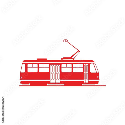 Sleek red tram graphic, an emblematic vector icon for metropolitan public transit, highlighting urban movement and eco-friendly city commuting