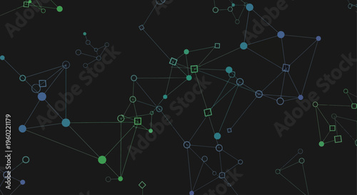 Abstract digital network graph with interconnected nodes and glowing lines in blue and green.