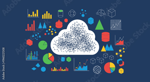 Abstract illustration of cloud computing with colorful data charts and geometric shapes.