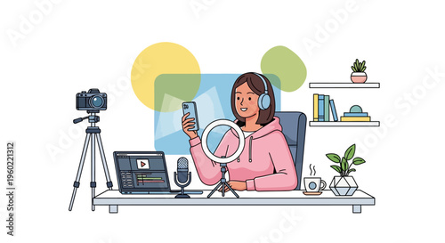 Young woman recording video podcast at home office with camera and microphone.