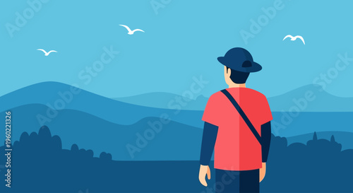 Traveler Standing on Hilltop Gazing at Distant Mountain Landscape with Flying Birds.