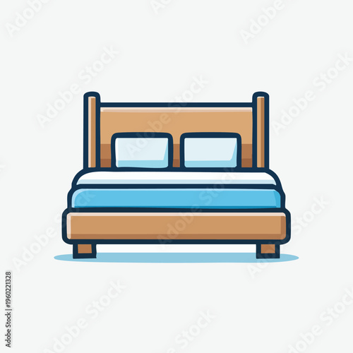 Simple illustration of a wooden bed with pillows and bedding.