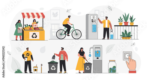 Eco-Friendly Daily Habits Illustrations Featuring Recycling Biking and Sustainability.