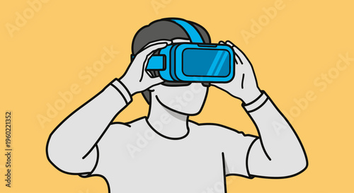 Cartoon Illustration of Man Experiencing Virtual Reality with Headset.