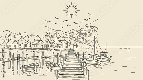 Hand-drawn coastal village scene featuring a wooden pier, boats, hills, and a sunny sky.