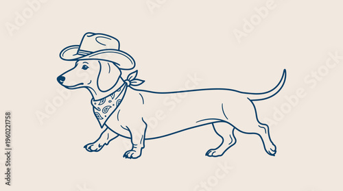 Minimalist blue line drawing of a dachshund wearing a scarf and hat, whimsical dog illustration