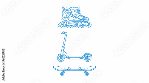 Blue line art illustration of a modern kick scooter on a white background, a clean vector sketch suitable for urban mobility and kids' play themes.
