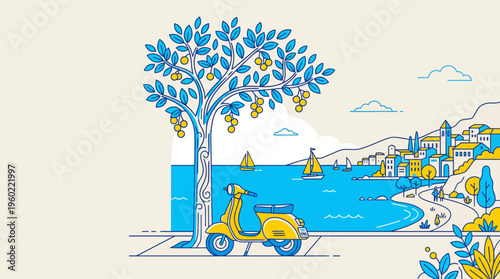 Illustrated coastal town scene with a blue-and-yellow scooter along a seaside promenade, harbor boats, and stylized trees
