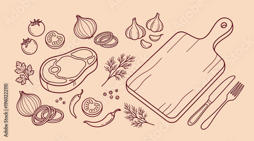 Hand-drawn kitchen scene with cutting board, knife, garlic, onion, herbs and raw meat for cooking and meal prep illustration