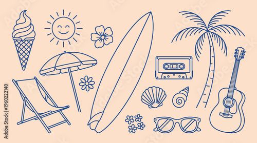 Vibrant summer beach scene featuring surfboard, guitar, cassette tape, sun, ice cream, palm trees, sunglasses, beach chair, flowers and tropical vibes.