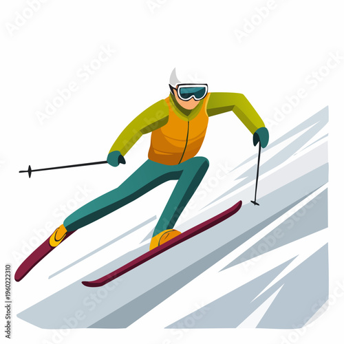 Skier racing down a snowy mountain slope with ski poles.