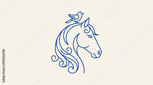 Stylized blue line art horse head with floral mane and perched bird, elegant monochrome illustration.