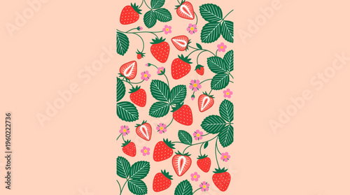 Vertical strawberry pattern with green leaves on peach background for decorative textiles and fabrics.