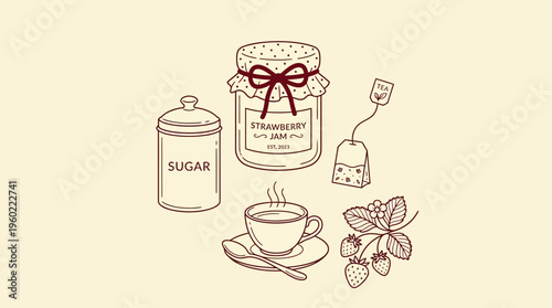 Vintage hand-drawn still life of a sugar jar, jam jar, tea cup and berries in a cozy coffee and tea time setting
