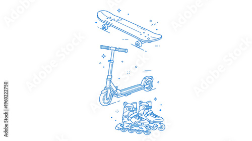 Blue line art illustration of three personal mobility devices: drone, kick scooter, and a pile of wheels.
