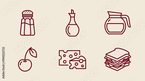 Delicate line icons of everyday food items including salt shaker, bottle, jar, cherry, cheese, and stacked bread slices