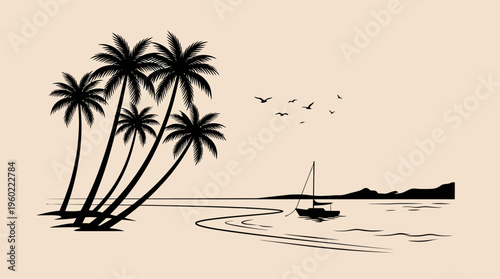 A silhouetted tropical beach scene featuring palm trees, a small sailboat, and birds over calm water.