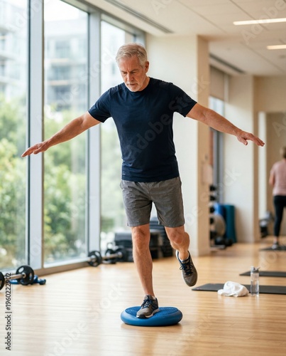 Senior man balancing on a blue stability disc exercise pad during a functional training session in a bright modern gym