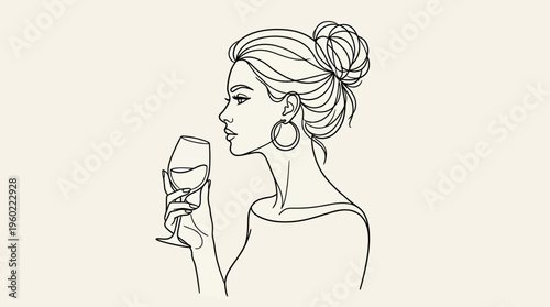 Elegant line-drawn portrait of a stylish woman with a bun holding a wine glass, a minimalist fashion illustration for elegance, celebration, and chic lifestyle.
