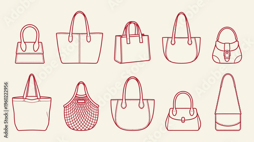 Collection of pink line-art handbags and purses illustrations on a beige background