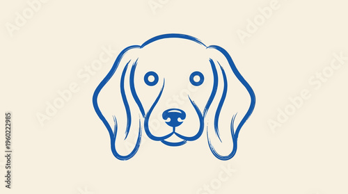 Minimalist blue line art of a dog's face on a beige background, a clean vector illustration ideal for branding, decor, and pet-themed design.