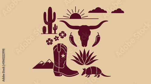 Desert silhouette scene with a person raising arms, cacti, sun and a small armadillo-like creature in a warm beige vector illustration.