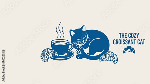 Cozy croissant cat illustration featuring a sleeping cat with croissants and a cup of coffee in a vintage, hand-drawn style for cafe decor, posters and branding.