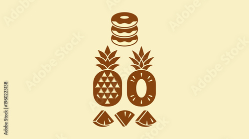 Symmetrical vintage brown fruit icon set on pale beige background featuring two pineapples, a top stack of rings, and fruit wedges