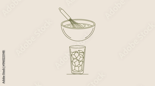 Minimalist illustration of a mortar and pestle above a glass of ice, signaling culinary prep, drinks, and mixology concepts.