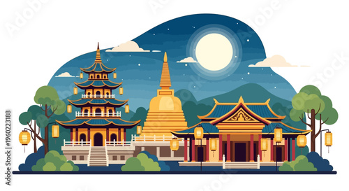 Asian Temple Buildings Under Moonlight.