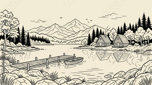 Serene lakeside campsite with tents, a wooden dock, a canoe on calm water, and forested mountains in the distance.