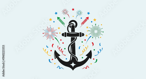 Black anchor symbol with colorful fireworks.