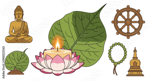 Buddha Statue and Buddhist Symbols.
