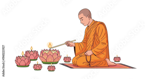 Buddhist monk lighting candles peacefully.
