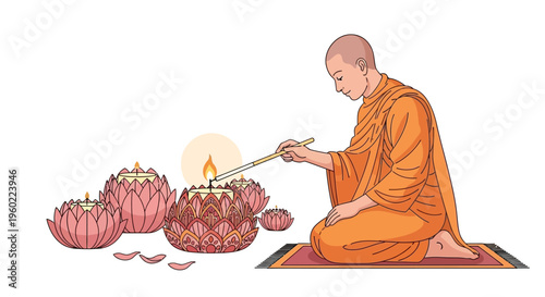 Buddhist monk lighting incense sticks.