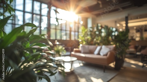 Generative AI lush indoor lounge with abundant greenery and warm sunlight illuminating modern