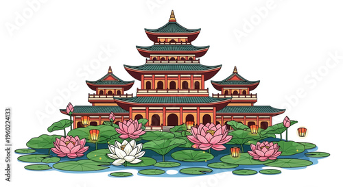 Chinese Pagoda with Lotus Flowers 1.
