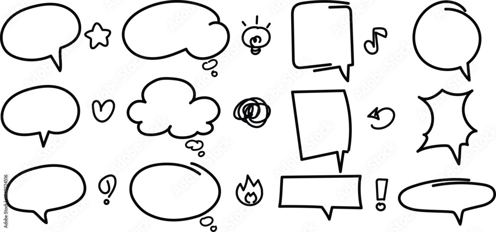 Fototapeta premium A versatile collection of hand-drawn speech bubbles, thought clouds, and cute comic doodle icons in a minimal black outline style.