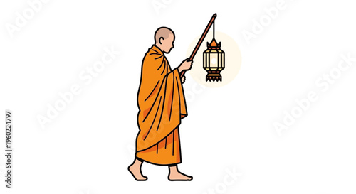 Monk Walking With Lantern Stick.