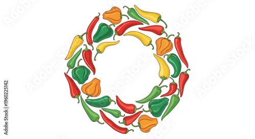 Colorful chili pepper circular pattern.