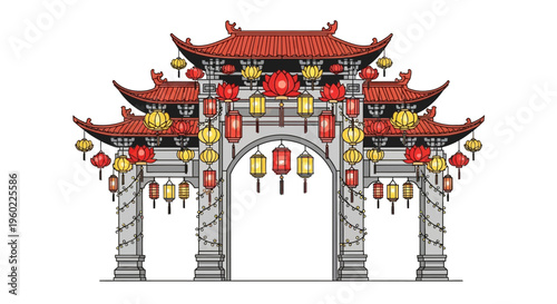 Traditional Chinese Gate with Lanterns.