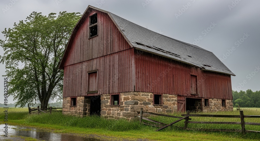 Obraz premium Rustic Red Barn Amidst a Lush Green Landscape.