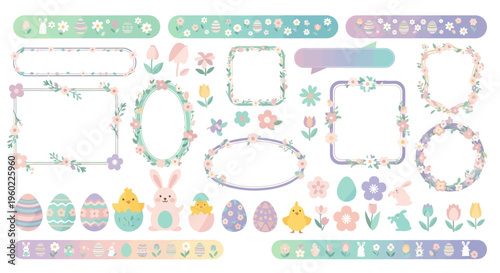 Easter decoration set with pastel colorful eggs, bunnies and floral elements for branding, icons and social media in a cute and playful style