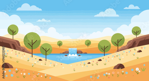 Serene Desert Oasis with Waterfall and Blooming Wildflowers, Lush Green Trees