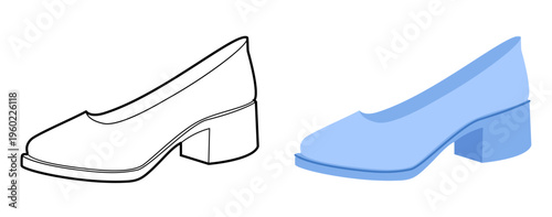 Blue block heel pump shoe women flat plus line set. Closed toe dress shoe for travel, minimal chic outfit. Technical fashion illustration, CAD mockup, mixed vector men unisex isolated stylish style.